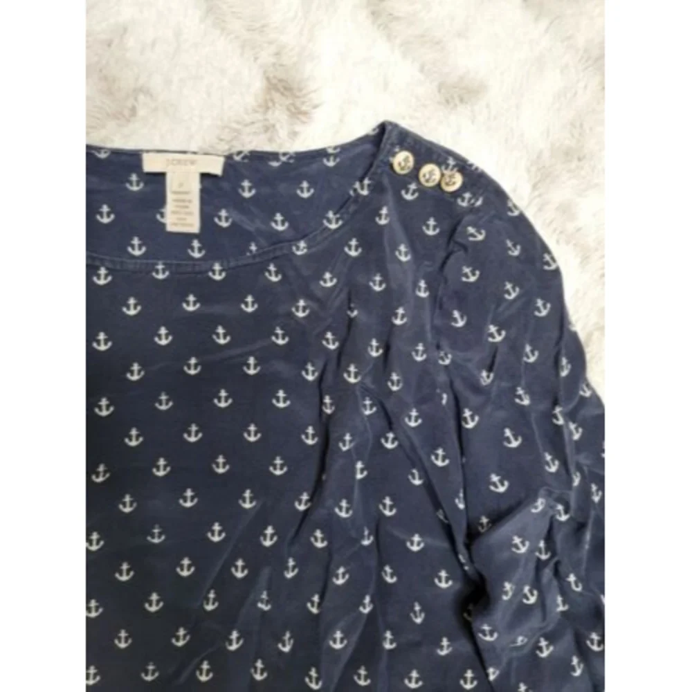 J Crew 100% Silk‎ Button Shoulder Accent Anchor Print Blouse Size 0